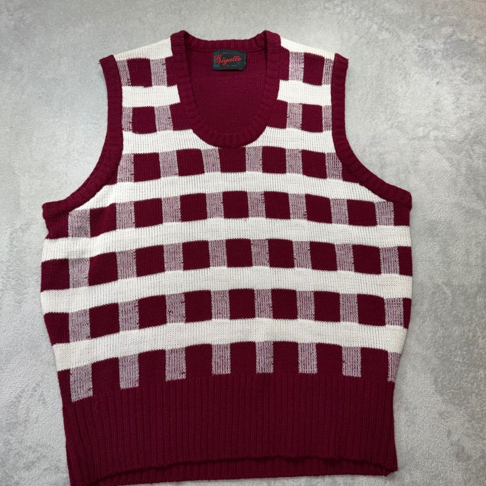 Vintage Burgundy White Checkered Knit Sweater Vest Scoop Neck 70s Retro Mens L